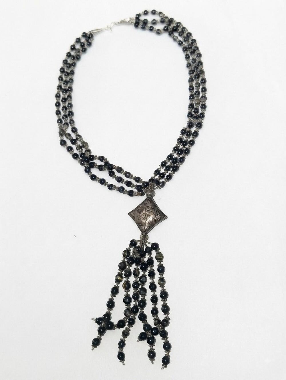 Black Beaded Tassel Necklace with Elephant Bead- Women's Jewelry
